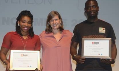 Les lauréats de la « Bourse Ghislaine Dupont et Claude Verlon » 2018 en Côte d’Ivoire :  Taby Badjo Marina DJAVA, lauréate journaliste et   Aman Baptiste ADO, lauréat technicien