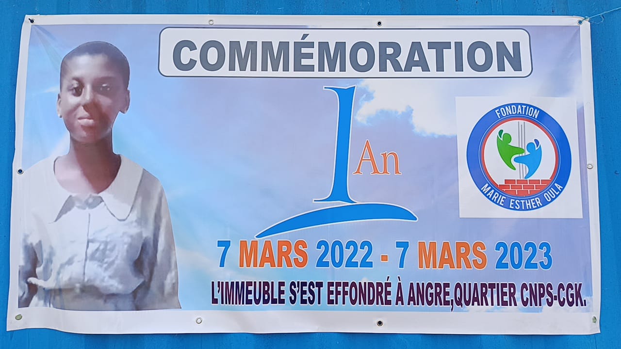 Côte d’Ivoire :La Fondation Marie Esther OULA Commémore 1An de l’Effondrement de l’immeuble à Cocody-Angré ,Quartier CNPS-CGK