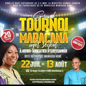 Côte d’Ivoire /Sport: un Tournoi de Maracana Inter-secteur à Abobo -Avocatier N’Guessankoi doté du trophée Mamadou Koné en soutien aux actions de Mme le Maire Ministre d’État Kandia Camara 